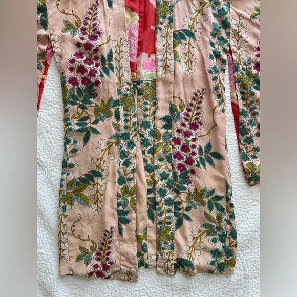 Vintage 👘 Silk Floral Kimono Robe Peach Pink Green Cherry blossom 🌸 OS - Picture 4 of 10